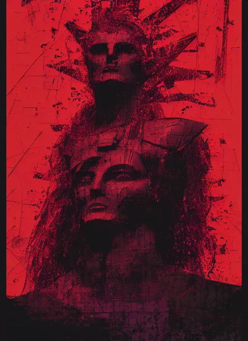 Prompt: dark design poster showing a statue of achilles, black background with very subtle red and purple design elements, powerful, nekro, vito acconci, thin straight lines, dark, glitch art, neo vaporwave, gritty, layout frame, square, extremly detailed, trending on artstation