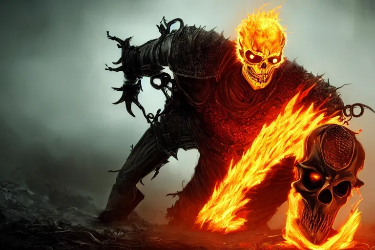 Image similar to Ghost Rider penance stare, headshot photo, dark souls concept art, dramatic lighting, highly stylized, high-quality wallpaper, desktopography