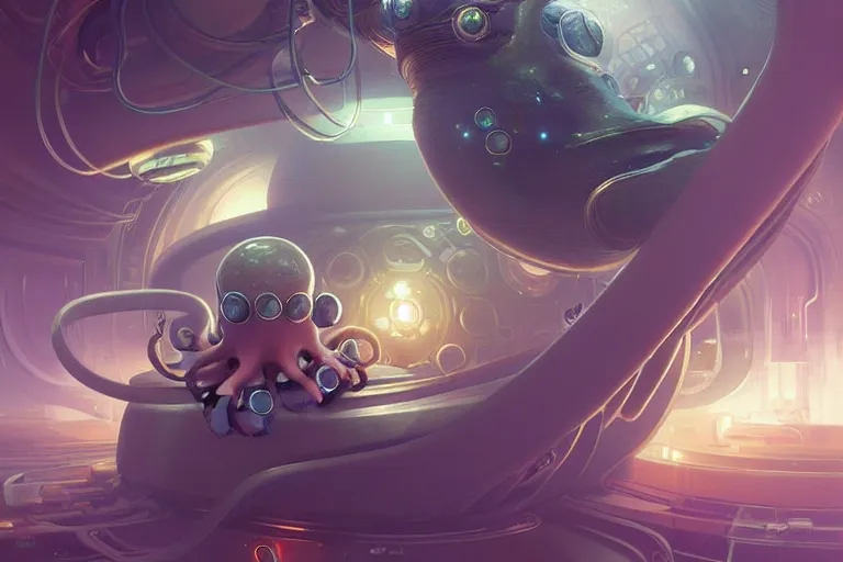 Image similar to adorable baby octopus in a space station, elegant, intricate, retrofuturistic digital painting, artstation, concept art, smooth, sharp focus, illustration, art by artgerm and greg rutkowski and alphonse mucha