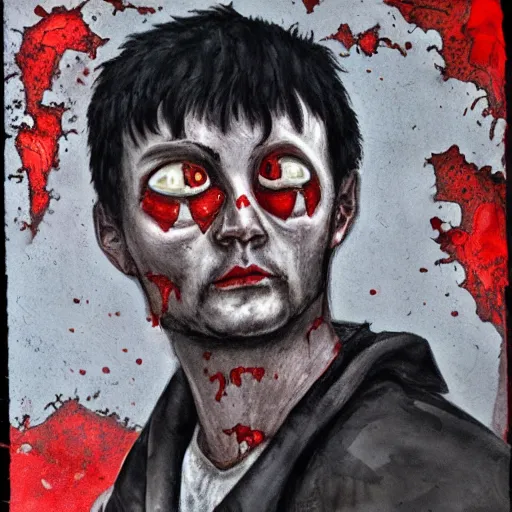 Prompt: portrait of alexander abdulov, with a red eyes, satanic body, head of old man, om blood of sinners, with background of ruined city, post - apocalyptic style, hellish style