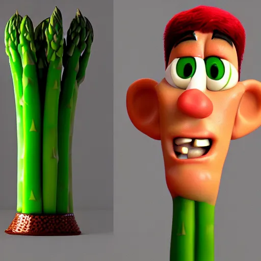 Image similar to a 3 d portrait of a handsome asparagus character from the movie sausage party. cinema 4 d, maxon one, ue 5, very high aperture, subsurface scattering, volumetric lighting, perfect lighting, focus on face.