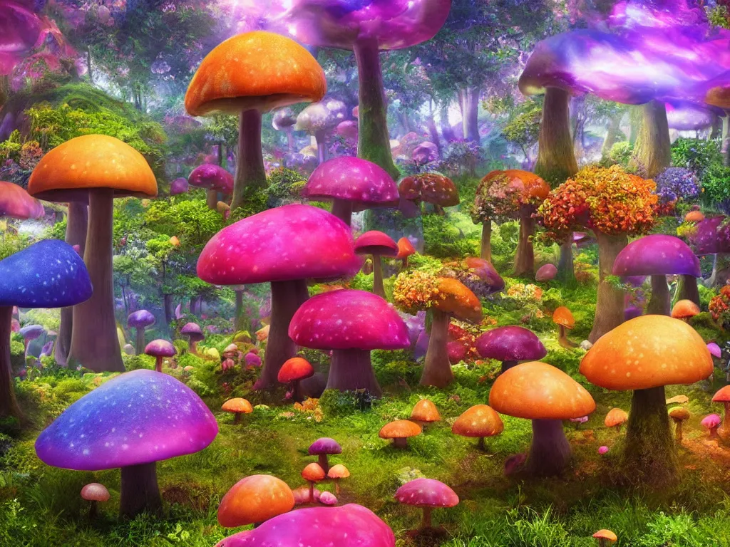 Image similar to a beautiful otherworldly fantasy landscape of giant luminous mushroom trees forming canopies over bright colorful mythical sprouted floral plants and colorful foliage on the ground, like alice in wonderland, extreme detail, rendering, cryengine, deep color, vray render, cinema 4 d, cgsociety, bioluminescent