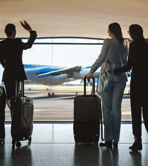 Prompt: portrait of intelligent dairy humanoid cows wearing suit boarding an airliner at airport