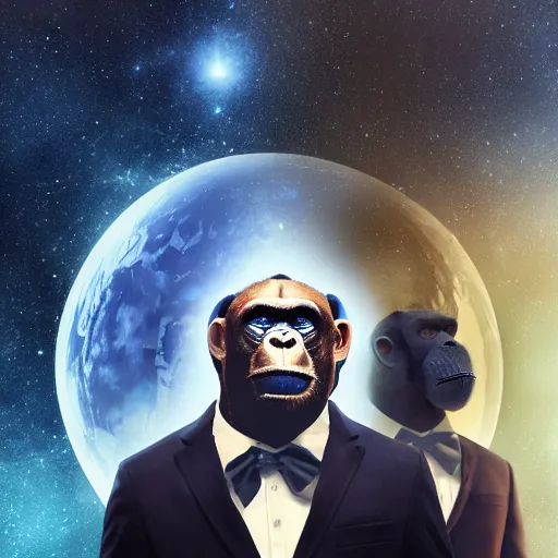 Prompt: double exposure portrait split in the middle of a astronaut and one chimpanzee in a suit posing with space in the background, pencil sketch, high definition, dynamic lighting stars, sharpness, golden ratio
