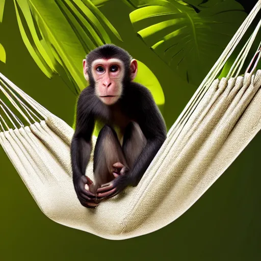 Image similar to minimalist portrait of a monkey laying in a hammock eating a banana, octane render, 8 k render, saturated, vector