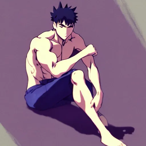 Image similar to a handsome muscular man wearing fashionable street attire, sitting down casually, square masculine facial features, short messy hair, intimidating appearance, trending on pixiv fanbox, by greg rutkowski makoto shinkai takashi takeuchi studio ghibli, akihiko yoshida