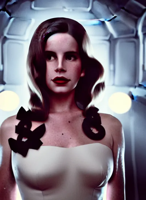 Prompt: movie still of a lana del rey with an alien facehugger on her face, titanic ship interior, cinematic.