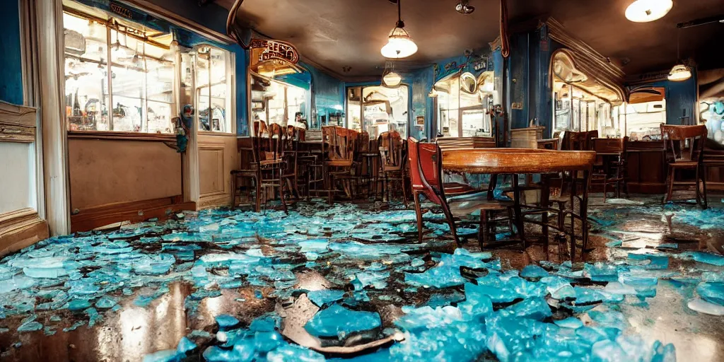 Image similar to inside a leaking freezer of melting ice cream cases is in an old fashioned ice cream parlor. the leak has made a colorful puddle of melted ice cream on the floor and is reminiscent to the shape of werewolf fangs. there is an eerie voluminous blue electric glow to the environment.