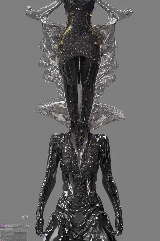 Prompt: a highly detailed metahuman 4 k render of an alien cyberpunk goddess bella hadid in iris van herpen dress schiaparelli in diamonds swarovski and jewelry in style of alphonse mucha gustav klimt trending on artstation made in unreal engine 4