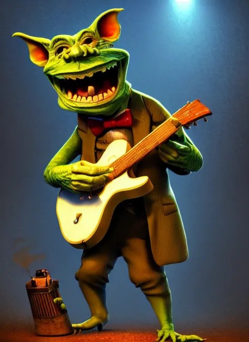 Image similar to a cute sharply dressed goblin playing the blues on an old guitar, in the style of boris valejo and terry gilliam, fantastic, dramatic lighting, smoke, mist, forest, hyperrealistic, photorealistic, accurate, detailed, octane render