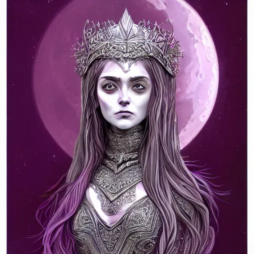 Prompt: portrait of broad shouldered mighty prophetess of the moon, silver filigree armor and tiara, silver shoulder pauldrons, moon above head, purple wavy hair, translucent skin, wide striking eyes, beautiful! coherent! by brom, by junji ito, strong line, high contrast, muted color