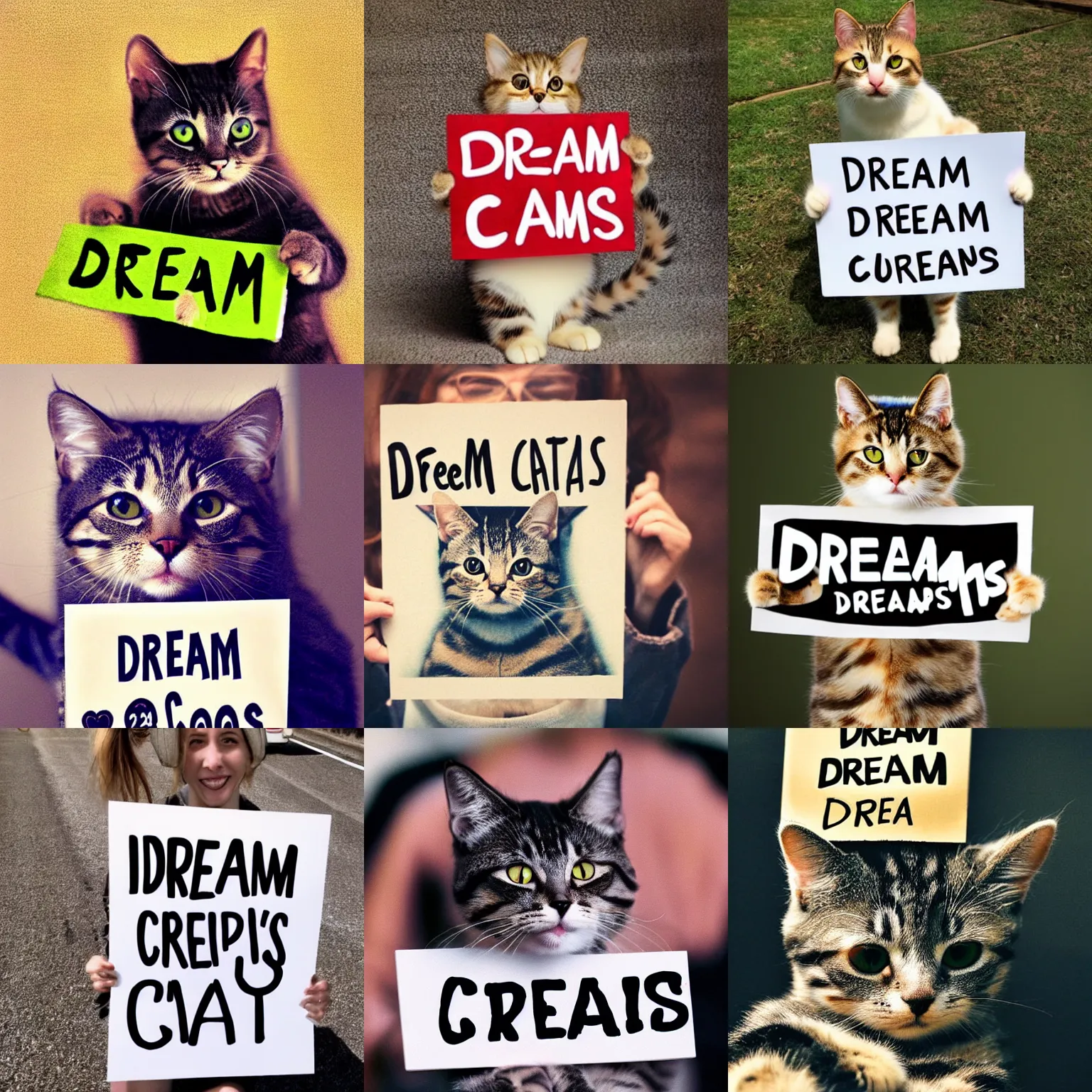 Image similar to realistic high quality photo of a cute cat holding a sign with text that reads : dream cats