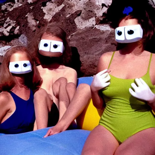 Prompt: 1969 twin women on tv show wearing an inflatable mask long prosthetic snout nose with googly eyes, soft color wearing a swimsuit at the beach 1969 color film 16mm holding a an inflatable hand Fellini John Waters Russ Meyer Doris Wishman old photo