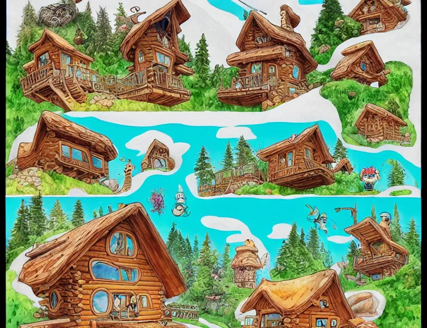 Image similar to cute and funny, a beautiful cozy cabin carved into a mountain, view of the ocean beneath, ratfink style by ed roth, centered award winning watercolor pen illustration, isometric illustration by chihiro iwasaki, edited by range murata, tiny details by artgerm and watercolor girl, sharply focused