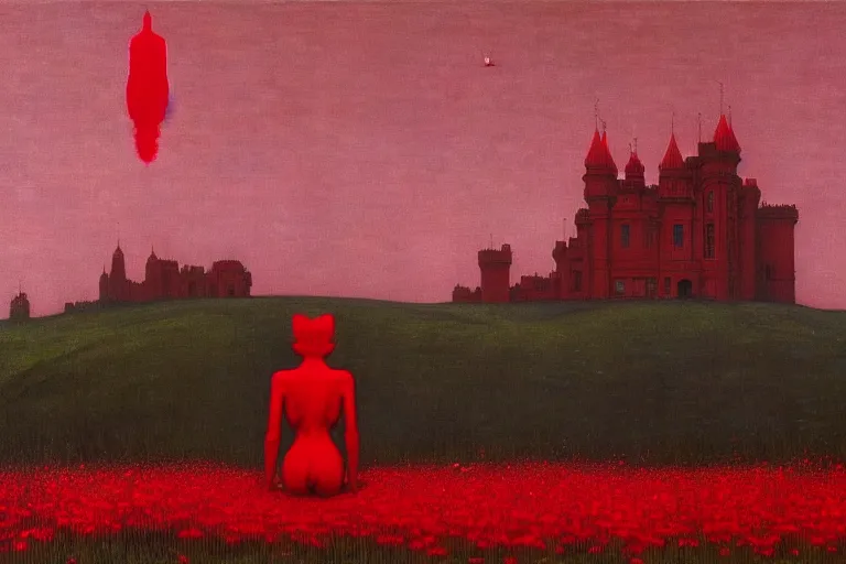 Prompt: only with red, red flowers of different types, red castle in background, red medieval big fat goblins, in the style of beksinski, parts by edward hopper, parts by rodcenko, parts by yue minjun, intricate and epic composition, red by caravaggio, insanely quality, highly detailed, masterpiece, red light, artstation, 4 k