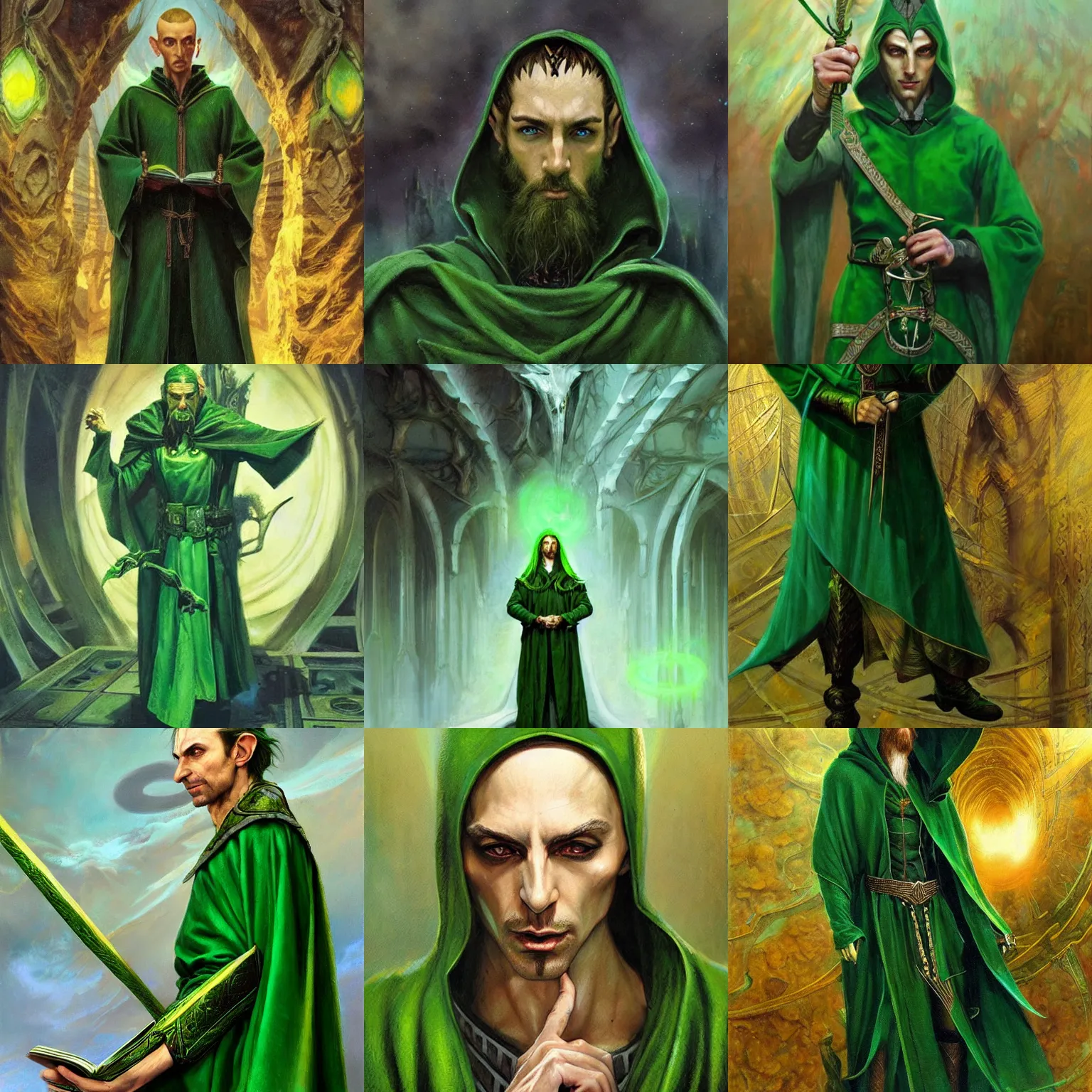 Prompt: male High Elf wizard in green robes, Karol Bak