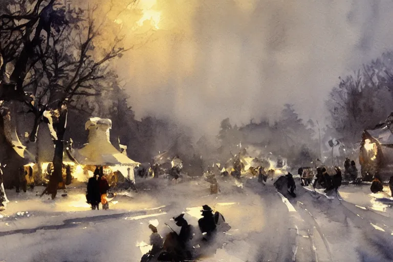 Prompt: abstract watercolor painting of village, magic diamond crystal winter, cinematic light, national romanticism by anders zorn, by greg rutkowski, by greg manchess