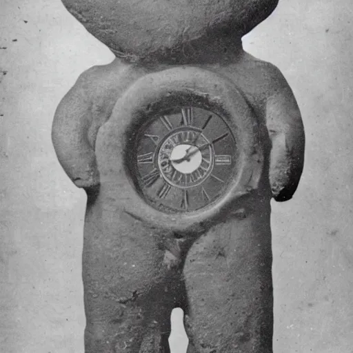 Prompt: An old photo of a creature with a head that looks like an analog clock and a body made of melting wax