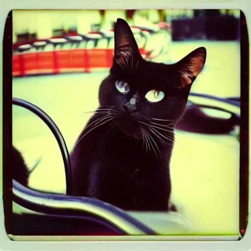 Image similar to black cat in a rollercoaster. the cat looks happy. sunny lighting. polaroid. technicolor.