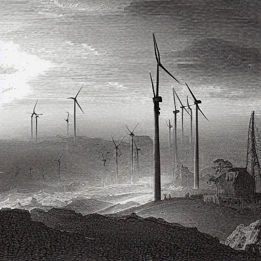 Image similar to landscape with windmills, gustave dore engraving