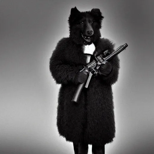 Prompt: realistic historical photography taken during war of a black fluffy dog holding a gun in the right hand wearing a plastic trench coat black and white grain