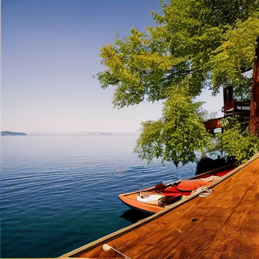 Image similar to lake cabin in croatia, hyper realistic, photograph, f 8. 0, 3 2 mm, kodak