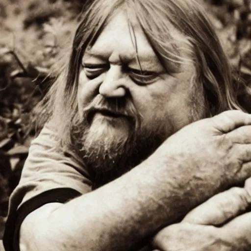 Image similar to robert wyatt cradling a goblin like a baby, photograph