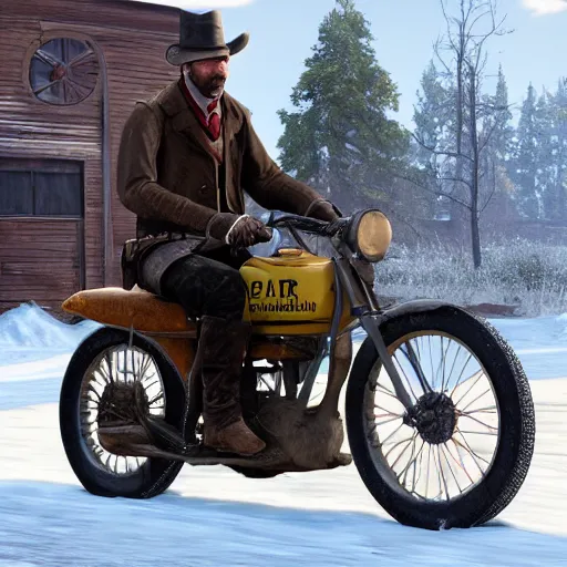 Image similar to arthur from rdr 2 high detailed face driving bike background russia in future at russia, tolyatti sportivnaia street 7, cars, snow, buildings photorealism