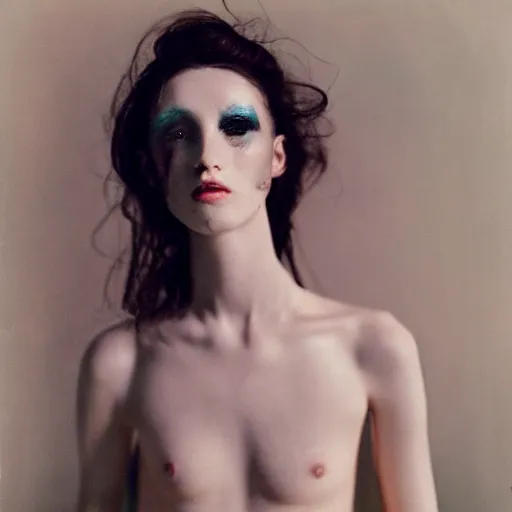 Image similar to kodak portra 4 0 0, wetplate, photo of an artsy model, girl, vogue shooting, weird and unique fashion, photographed by paolo roversi style