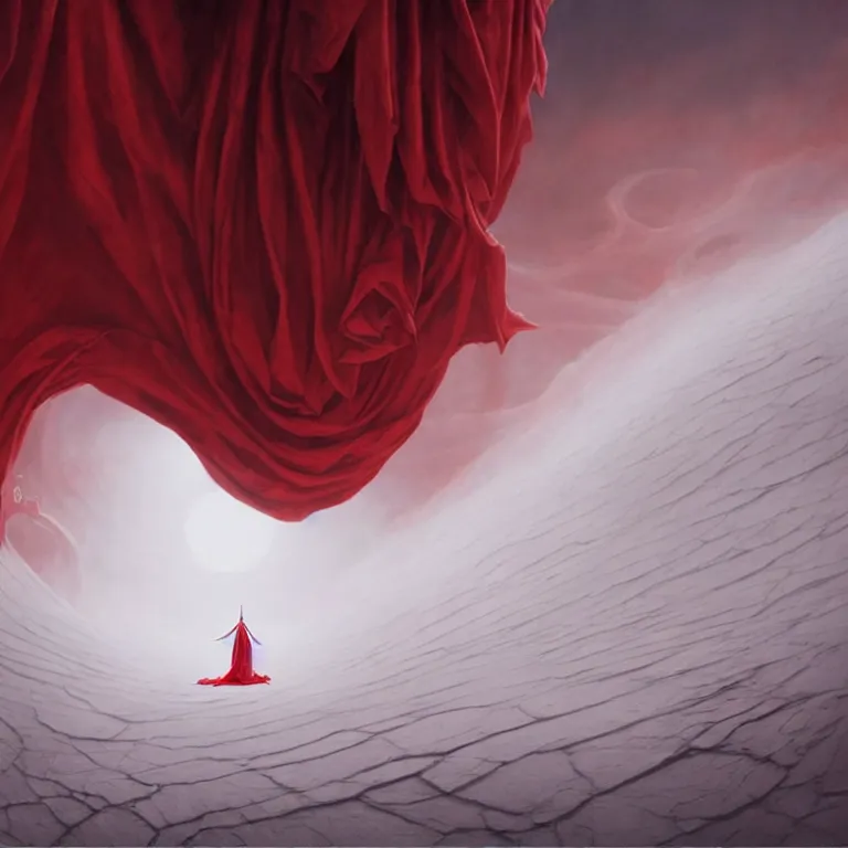 Prompt: one lone singular swirling otherworldly angel shrouded in red robes emerges from extensive barren white dunescape, matte painting by peter mohrbacher and filip hodas, background basilica sacre coeur, godrays, high contrast, highly detailed, a