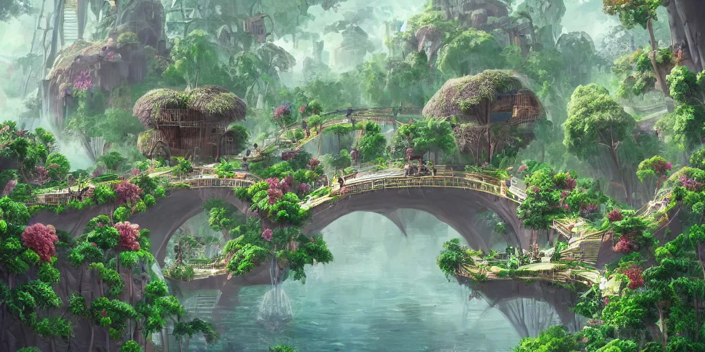 Prompt: a beautiful nature civilization, fancy, flowers, bridges, nature city, people, tree houses, trending on artstation, behance, deviantart