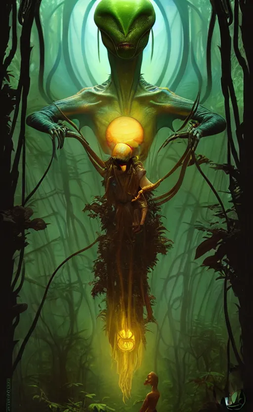 Image similar to alien magic creature poster art, humanoid, lush fantasy forest, movie art, by lucusfilm, weta studio, tom bagshaw, james jean, frank frazetta alphonso mucha, norman rockwell, 8 k, denoised