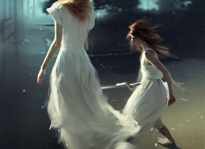 Prompt: white dress girl chasing from crazy grim reaper, messy hair, messy lines, scared face, beautiful and aesthetic and attractive, dramatic situation, specular reflection, occlusion shadow, intricate, bokeh, box office hit, masterpiece, by ilya kuvshinov and jeremy lipking and quentin mabille