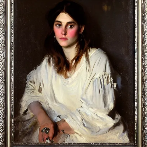 Image similar to portrait of gypsy girl, large silver round earrings, painted by john singer sargent, jeremy lipking, jeremy mann