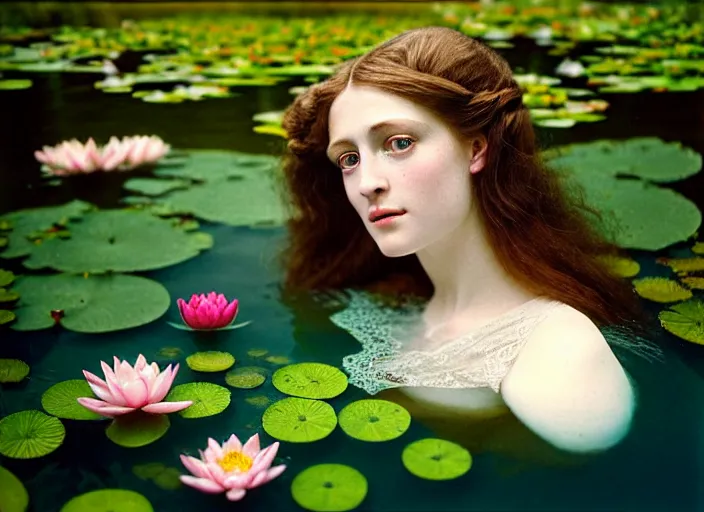 Prompt: Kodak Portra 400, 8K, soft light, volumetric lighting, highly detailed, britt marling style 3/4 ,portrait photo of a beautiful woman how pre-Raphaelites painter, part of the face is underwater of a pond with water lilies, , she has a beautiful lace dress and hair are intricate with highly detailed realistic beautiful flowers , Realistic, Refined, Highly Detailed, natural outdoor soft pastel lighting colors scheme, outdoor fine art photography, Hyper realistic, photo realistic,warm lighting,