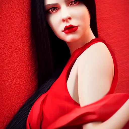 Image similar to portrait of a woman with long black hair and red eyes, wearing a red dress, 4k, close up shot, detailed face, beautiful, octane render, dark lighting, artstation, high quality, depth of field, ambient occlusion, dark colors,