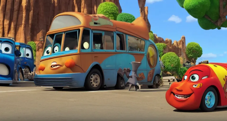 Prompt: A screenshot of Catbus in the Pixar movie Cars