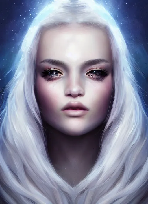 Image similar to face portrait of a moon princess with shimmering hair and eyes, digital illustration, trending on artstation, deviantart, artgerm, epic composition, masterpiece, highly detailed, perfect face, realistic face, wlop, ross draws