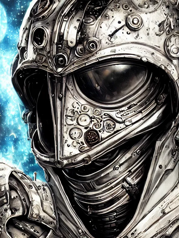 Prompt: portrait art of 8k ultra realistic undead retro futuristic astronaut vampire king , galaxy reflected in helmet , detailed intricate ornate armour,corrupted, cybernetic, full of colour, cinematic lighting, battered, trending on artstation, 4k, hyperrealistic, focused, extreme details,unreal engine 5, cinematic, masterpiece, art by ayami kojima, giger