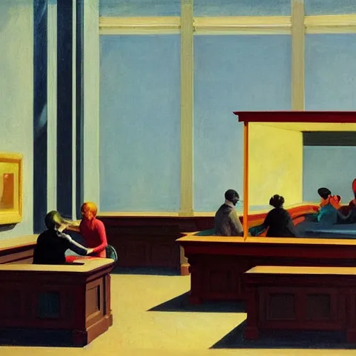 Prompt: painting, view from inside edward hopper's painting nighthawks, of people in art museum looking at the painting, by magrirre, by neo rauch