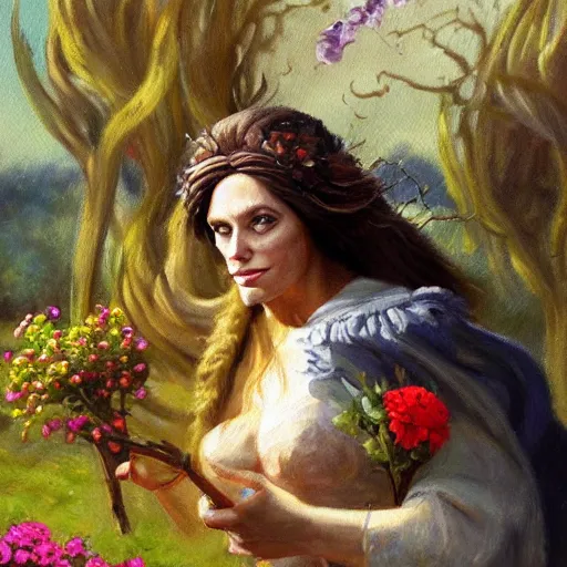 Prompt: a beautiful oil painting of Circe the witch picking up flowers, detailled, HD, realistic