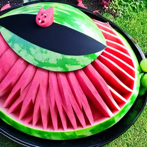 Prompt: an elaborate watermelon carving that looks like a batmobile made out of specially carved watermelon parts, spread out on a party platter ready for guests, photography, food and garden magazine,