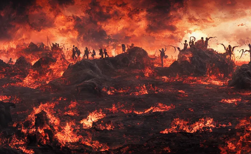 Image similar to hell landscape with people suffering, 4 k, detailed