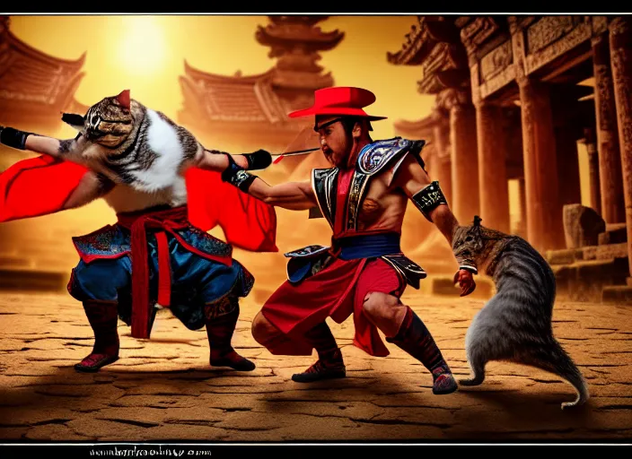 Image similar to hamster dressed as shao khan fights a cat dressed as kung lao in mortal kombat on the background of an ancient temple. fantasy magic style. highly detailed 8 k. intricate. lifelike. soft light. sony a 7 r iv 5 5 mm. cinematic post - processing