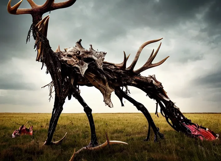 Image similar to photograph of a horrifying nature monster made of animal parts, tree parts, bones, antlers and an extremely long neck, in a meadow, dramatic lighting, full frame photography