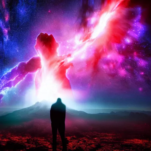 Image similar to a towering godlike apparition in the shape of a human, made of smoke and fog, backlit by pink, purple, red, blue neon lighting, nebulas, backround of stars and galaxies