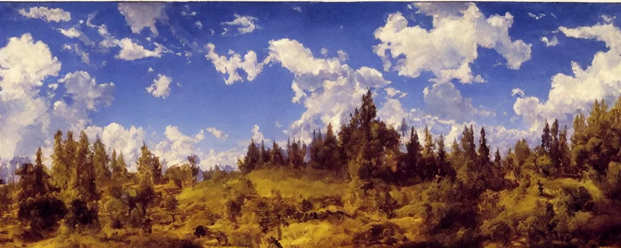 Image similar to disney illustrated background of blue sky huge clouds by eugene von guerard, ivan shishkin, john singer sargent