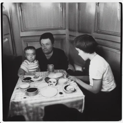 Prompt: polaroid photo homemade photo of a family preparing breakfast, inside the titanic, august 1968, color photo, award winning