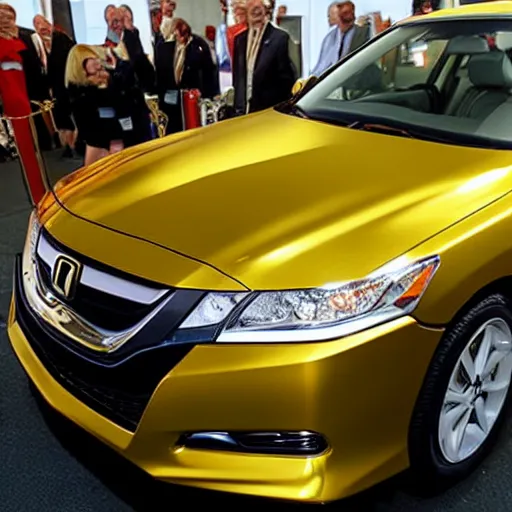 Image similar to A 24 karat gold Honda Accord on display at an auction.