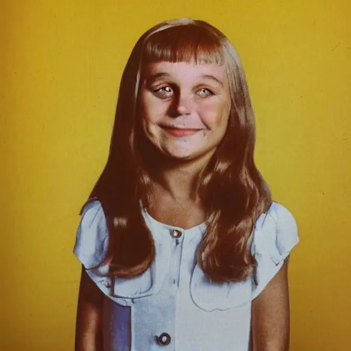 Image similar to creepy 70s style school portrait, googly eyes, teeth, dusty photo from the 70s